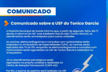 ATENÇÃO - Comunicado sobre a USF do Tonico Garcia