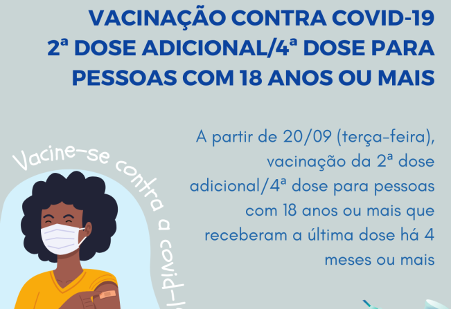 Vacinação contra COVID-19: 2ª dose adicional/4ª dose para pessoas com 18 anos ou mais a partir desta terça (20)