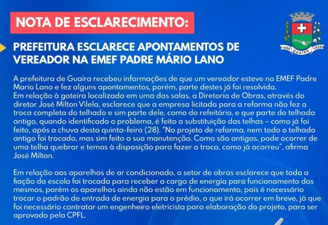 PREFEITURA ESCLARECE APONTAMENTOS DE VEREADOR NA EMEF PADRE MÁRIO LANO