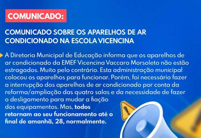 COMUNICADO SOBRE OS APARELHOS DE AR CONDICIONADO NA ESCOLA VICENCINA