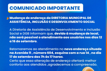 Mudança de endereço da DIRETORIA MUNICIPAL DE ASSISTÊNCIA, INCLUSÃO E DESENVOLVIMENTO SOCIAL
