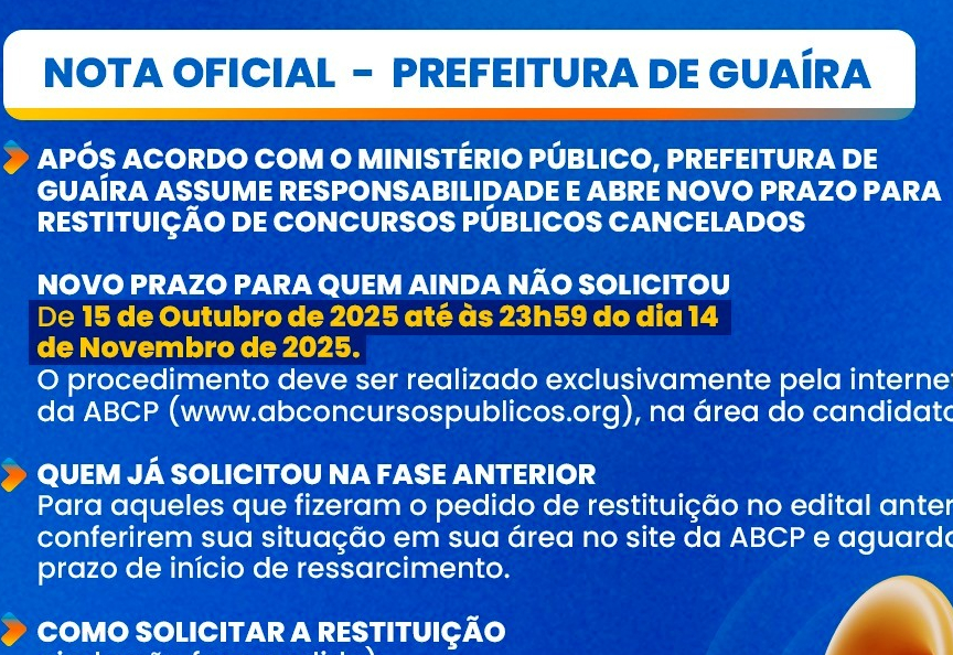 APÓS ACORDO COM O MINISTÉRIO PÚBLICO, PREFEITURA DE GUAÍRA ASSUME RESPONSABILIDADE E ABRE NOVO PRAZO PARA RESTITUIÇÃO DE CONCURSOS PÚBLICOS CANCELADOS