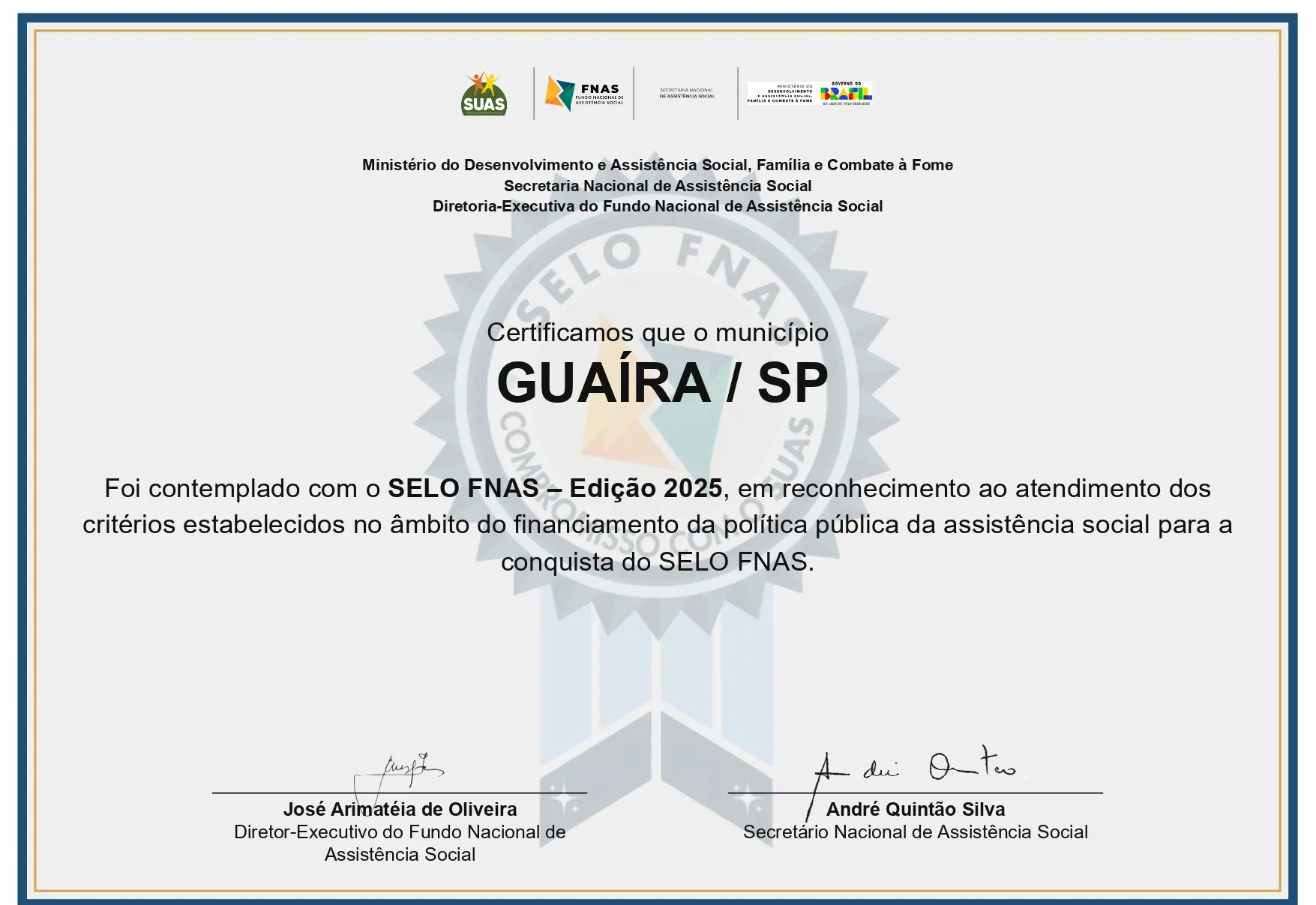 Guaíra conquista Selo FNAS 2025 por excelência e transparência na gestão do SUAS